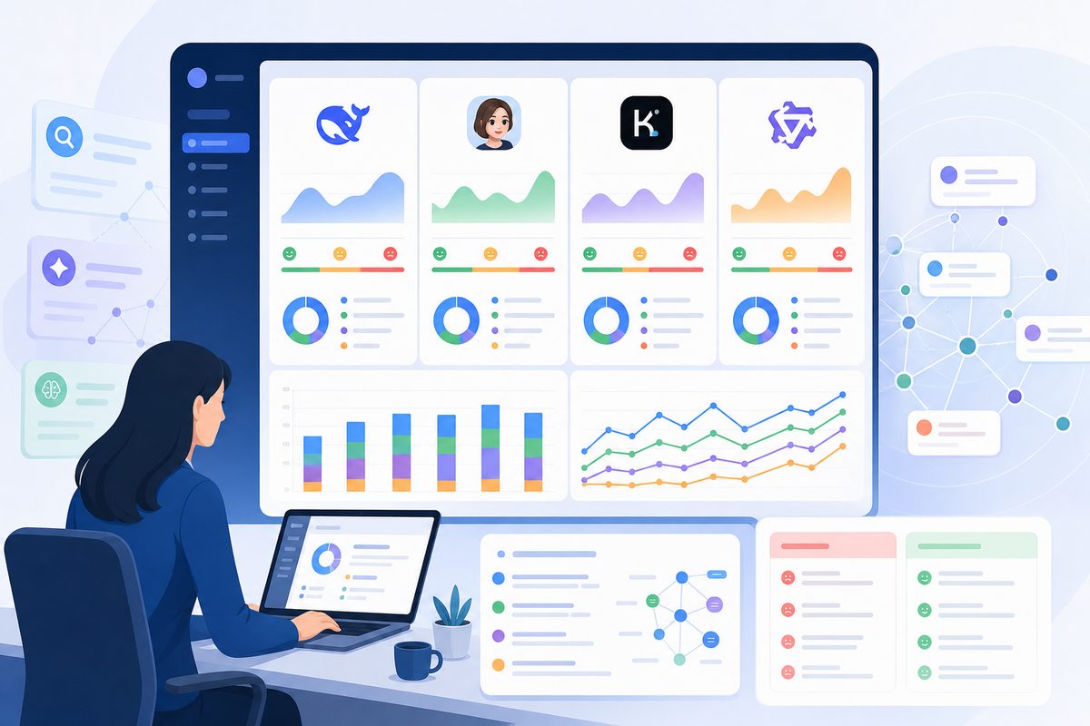 AI品牌舆情监控看板示例:DeepSeek、豆包、Kimi、通义千问的情感倾向、AI提及率和AI引用来源对比