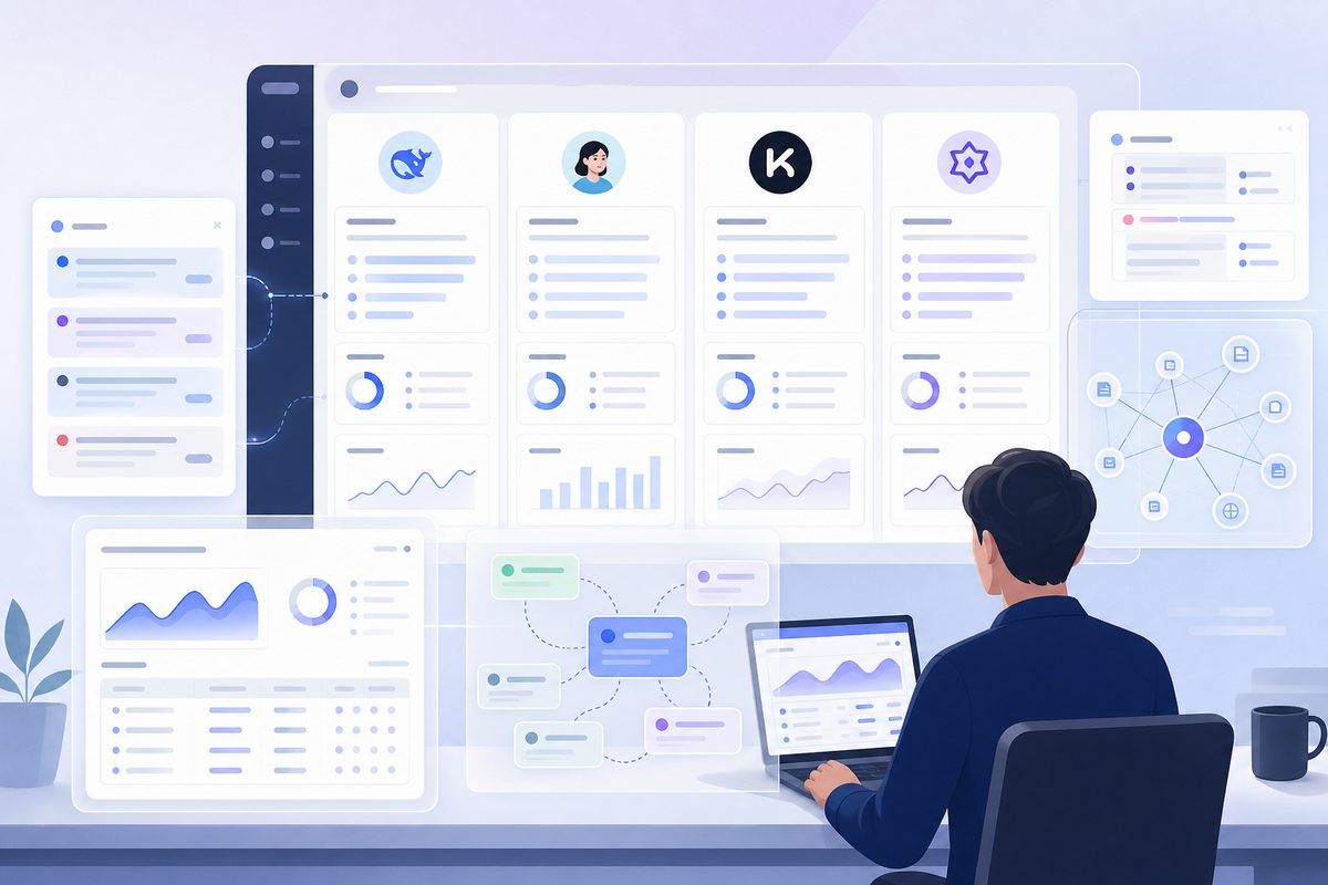 MaxAEO 在 DeepSeek、豆包、Kimi、通义千问上的品牌提及与AI引用来源监测面板示意