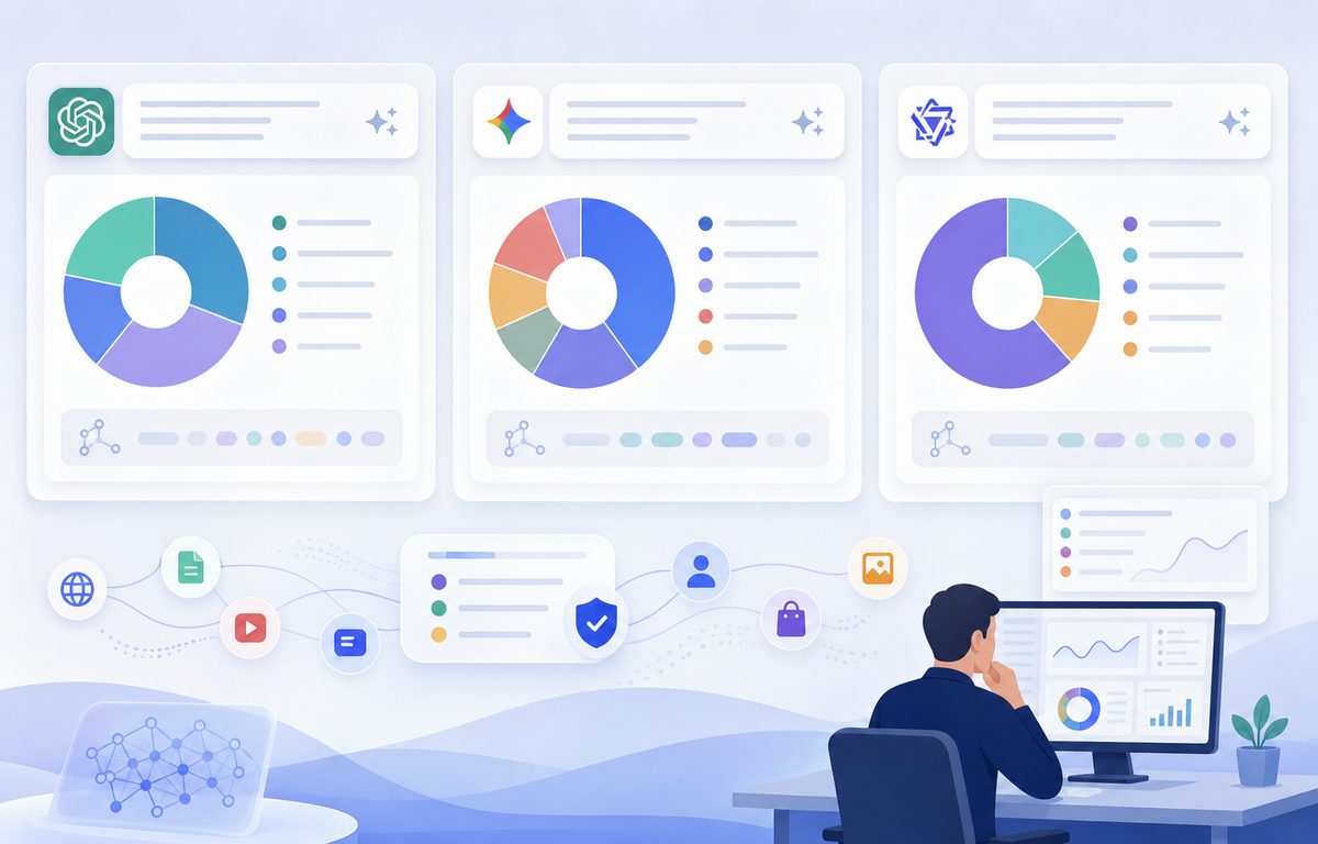 ChatGPT、Google AI Overviews、Perplexity 三个平台引用来源类型占比对比图