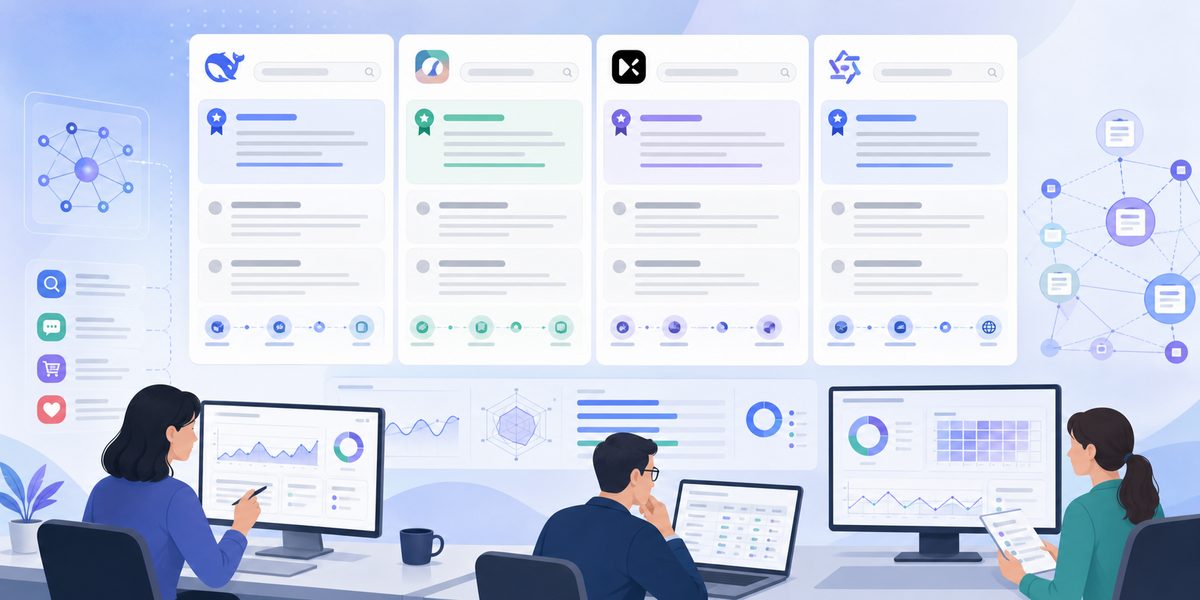 DeepSeek、豆包、Kimi和通义千问品牌推荐结果对照截图占位,展示推荐位、理由句和引用来源