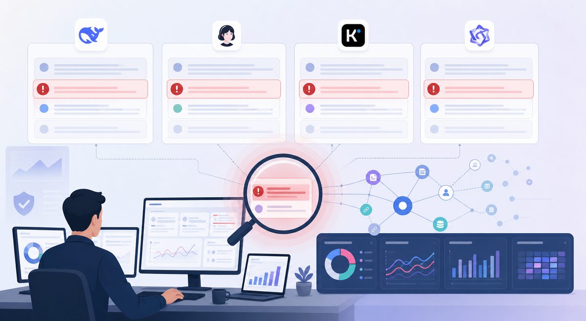 跨 DeepSeek、豆包、Kimi、通义千问复现测试，识别 AI幻觉 品牌不实信息的对比示意