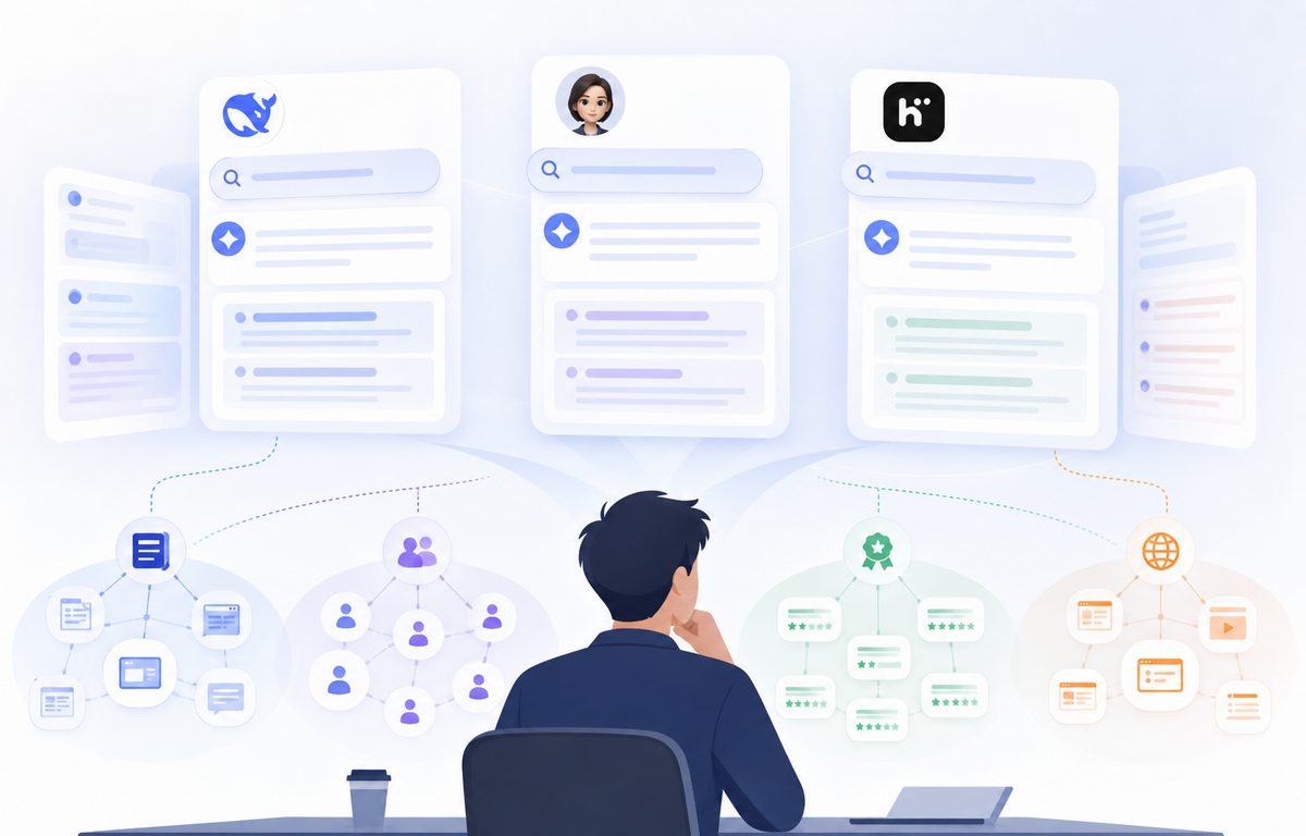 求职者在DeepSeek、豆包、Kimi中提问「这家公司怎么样」时，雇主品牌AI形象的四类信源示意图