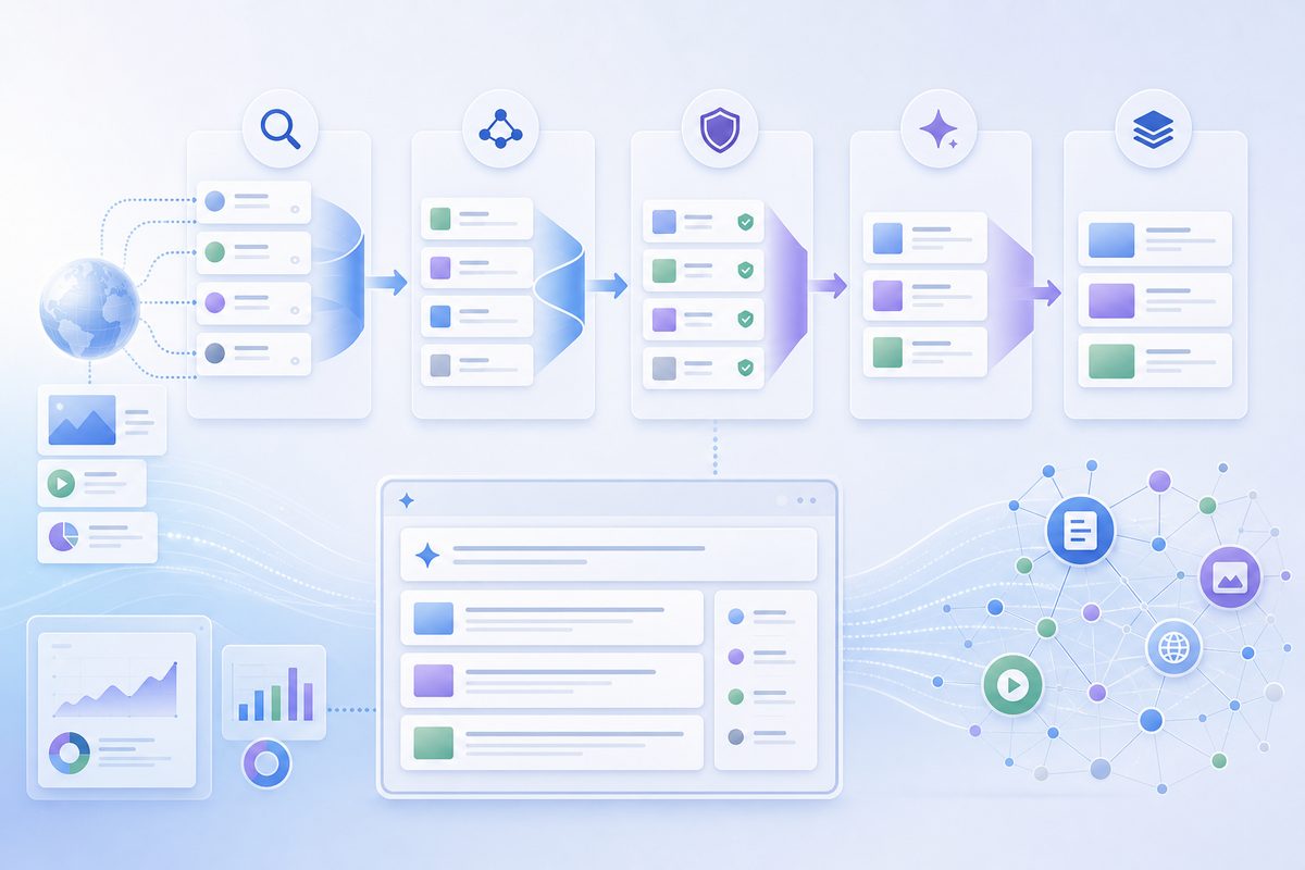 Google AI Overview 五步信源筛选管线示意图：检索、语义排序、E-E-A-T 闸门、Gemini 重排、数据融合
