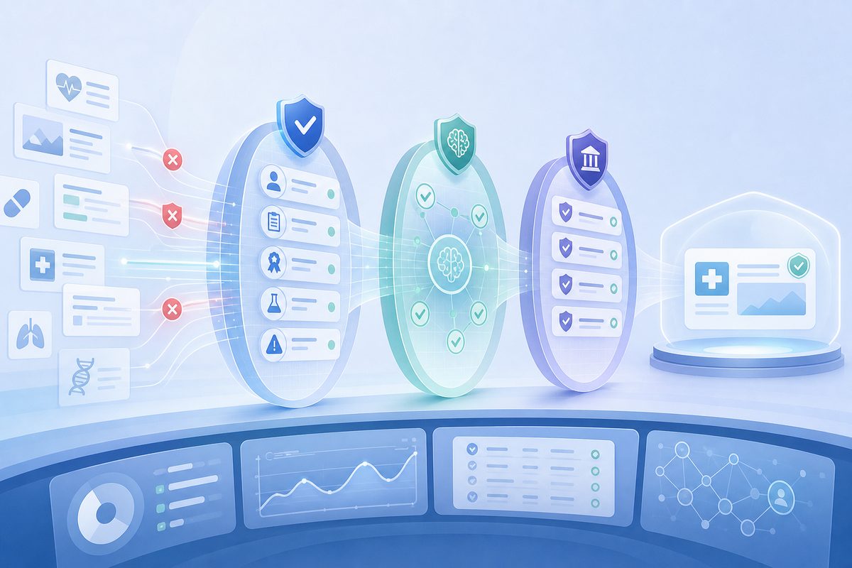 医疗健康 AEO 的三层保守机制示意图:YMYL 评级标准、模型安全对齐、平台合规审核如何依次过滤品牌内容