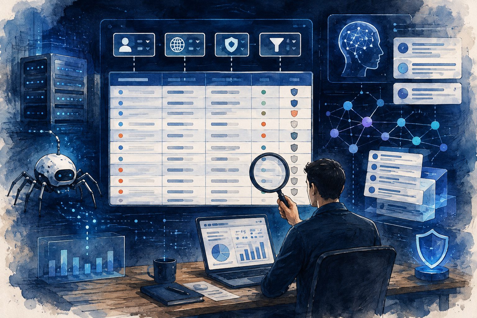 服务器日志中按 UA、状态码、路径和 WAF 动作筛选 AI 爬虫的分析表