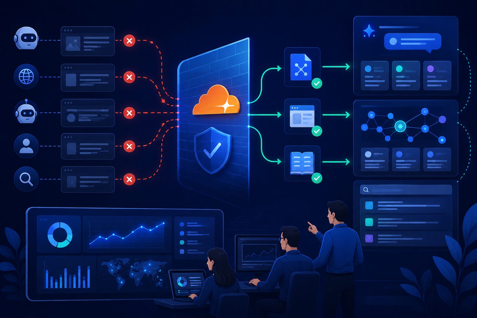 Cloudflare 按 URL 放行规则示意图：只放行 llms.txt、核心页和文档页
