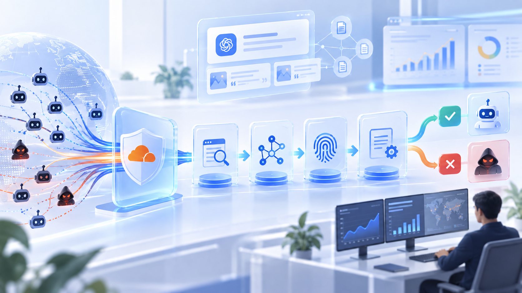 Cloudflare AI 爬虫识别规则四层核验流程图
