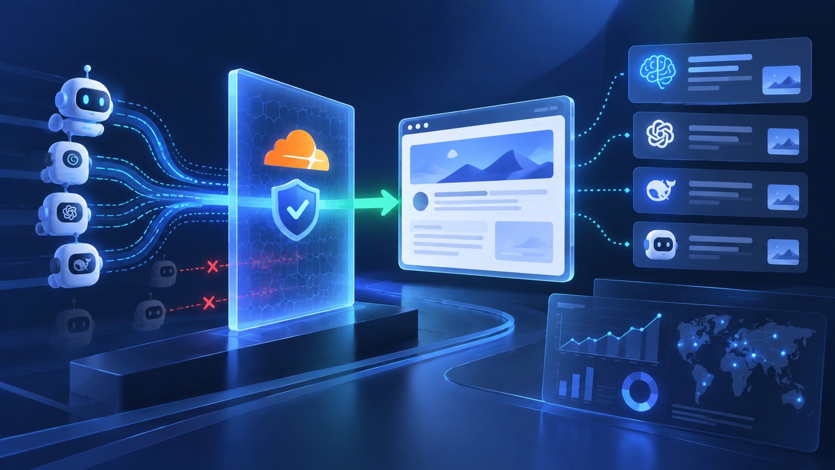 Cloudflare 托管质询例外规则配置示意图:AI 爬虫请求经过 WAF 后获得正常页面