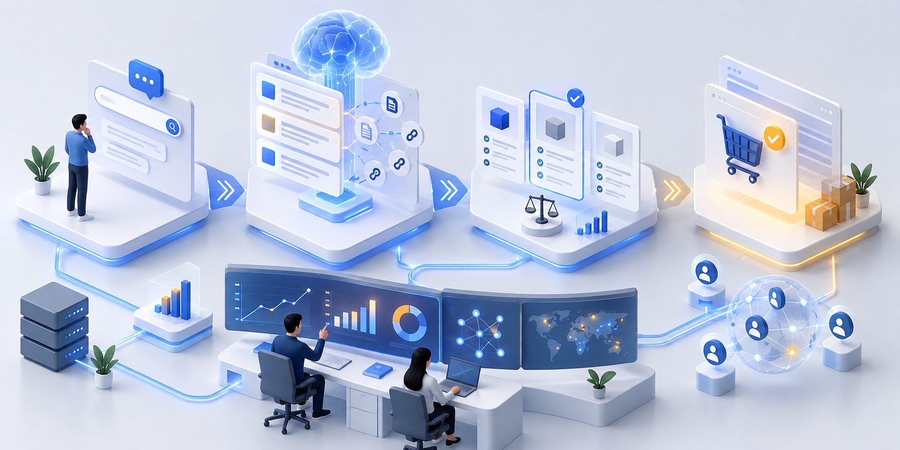 AI 搜索 决策路径从提问到采购的四阶段示意图