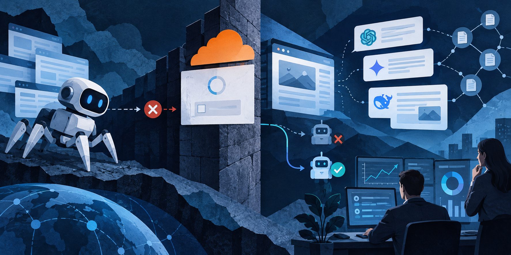 Cloudflare 托管质询导致 AI 爬虫失败的流程分析图