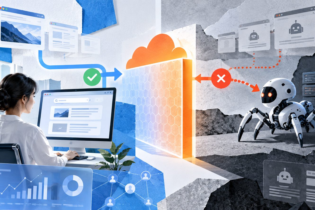 Cloudflare 托管挑战拦截 AI 爬虫的请求流程示意图,对比真人浏览器与爬虫的响应差异